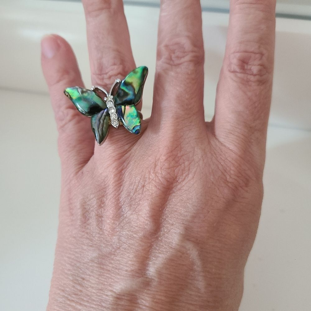 vintage iridescent abalone & crystal butterfly statement ring size 6.5